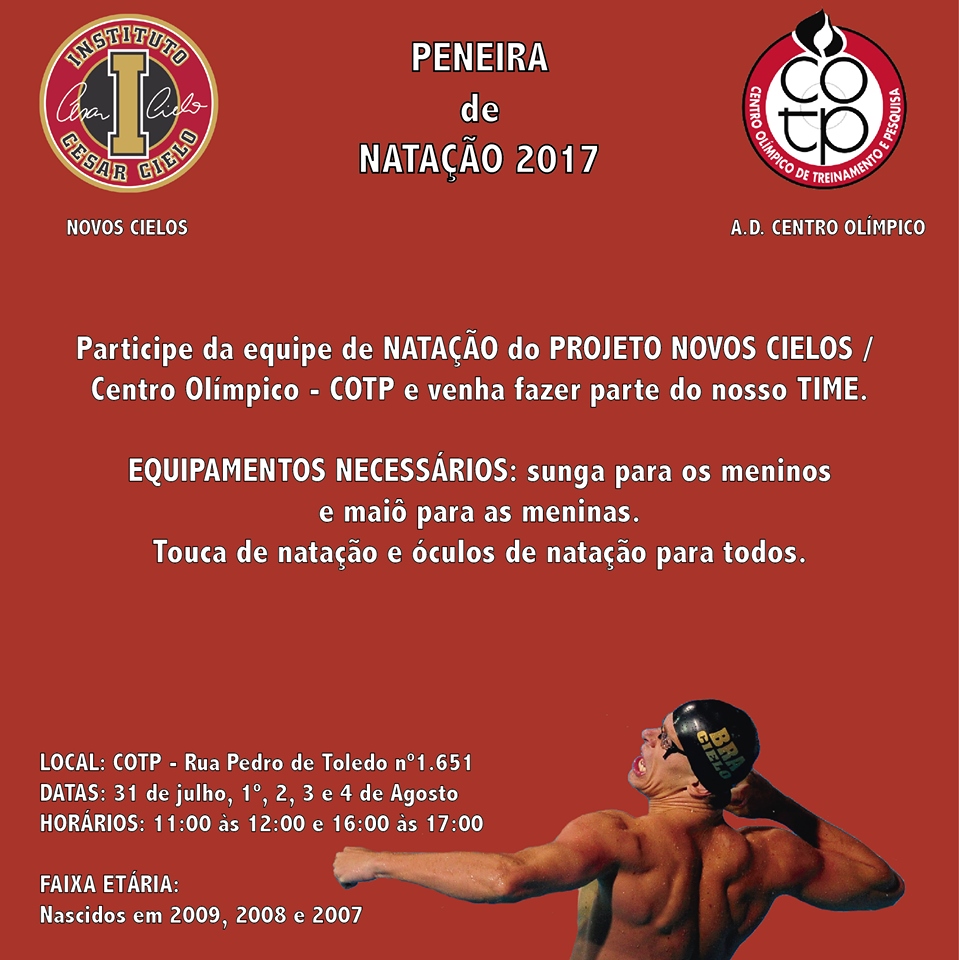 INSTITUTO CESAR CIELO PROMOVE PENEIRA NO CENTRO OLÍMPICO INSTITUTO CESAR CIELO PROMOVE PENEIRA NO CENTRO OLÍMPICO